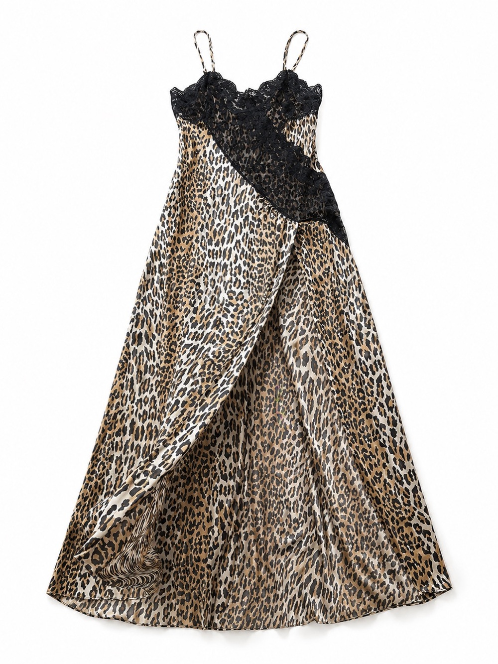 Leopard Satin Chemise with Black Lace Trim